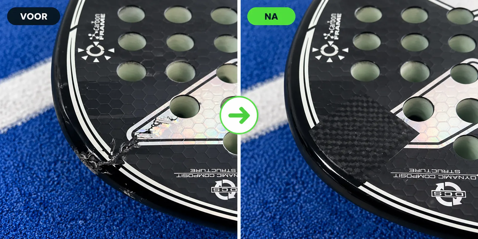 Padel racket reparatie voor en na professionele reparatie